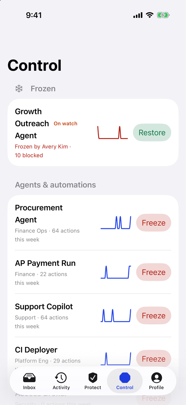 Control — freeze a misbehaving agent