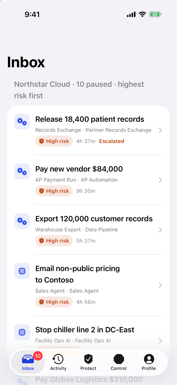Inbox — paused actions, highest risk first